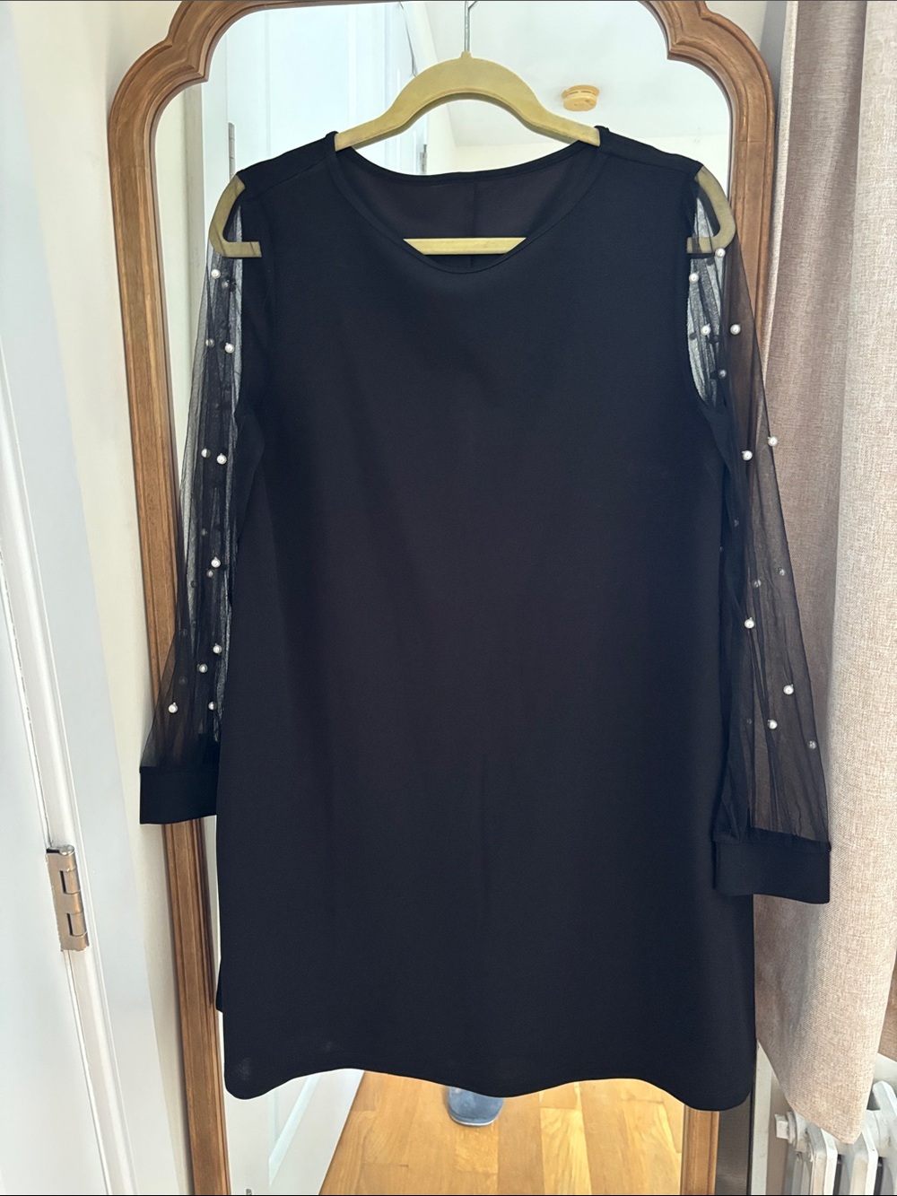 Black Sheer-Sleeve Pearl Accent Dress - Women's